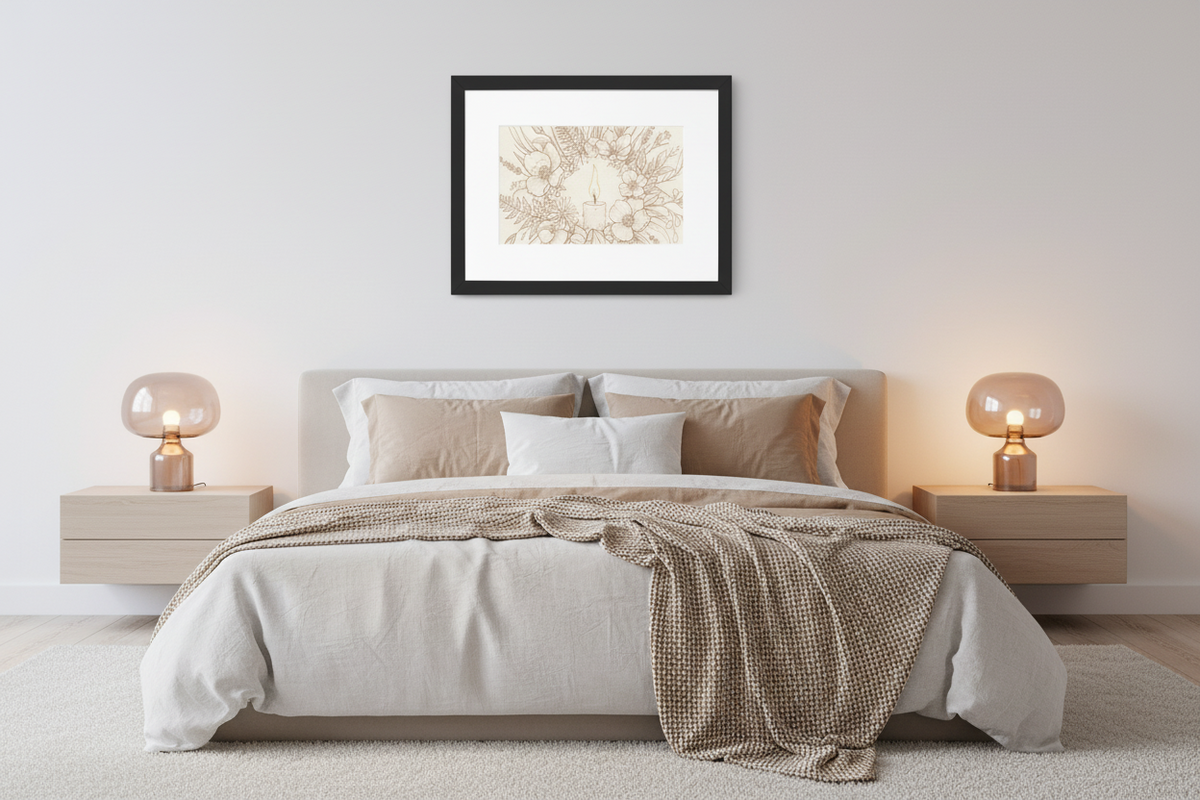 A framed art print with a beige botanical or floral pattern in a black frame, displayed on a light gray wall above a neatly made bed in a modern, minimalist bedroom.