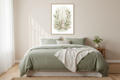 A styled bedroom scene with a bed dressed in sage green bedding and a cream throw blanket, beneath a framed botanical wall art print. A small plant sits on a wooden side table against a warm beige wall.