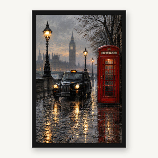 London Black Cab & Red Phone Box framed wall art by Livvat, black frame