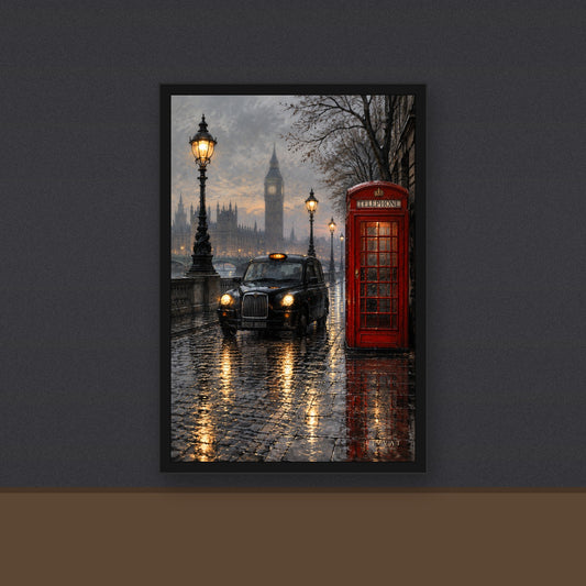 Livvat London black cab framed print on a charcoal wall