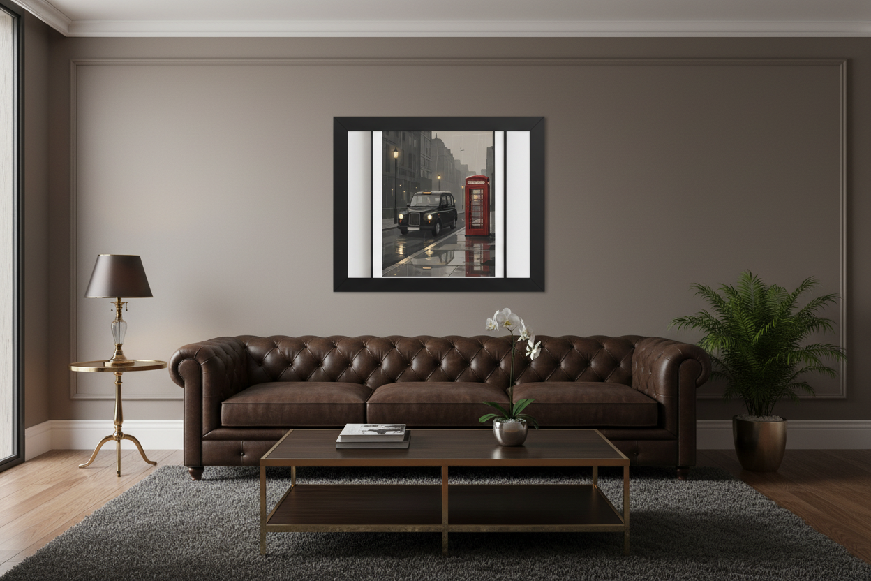 A framed wall art print depicting a London street scene with a red phone booth and black car, displayed above a brown leather sofa in a styled living room.