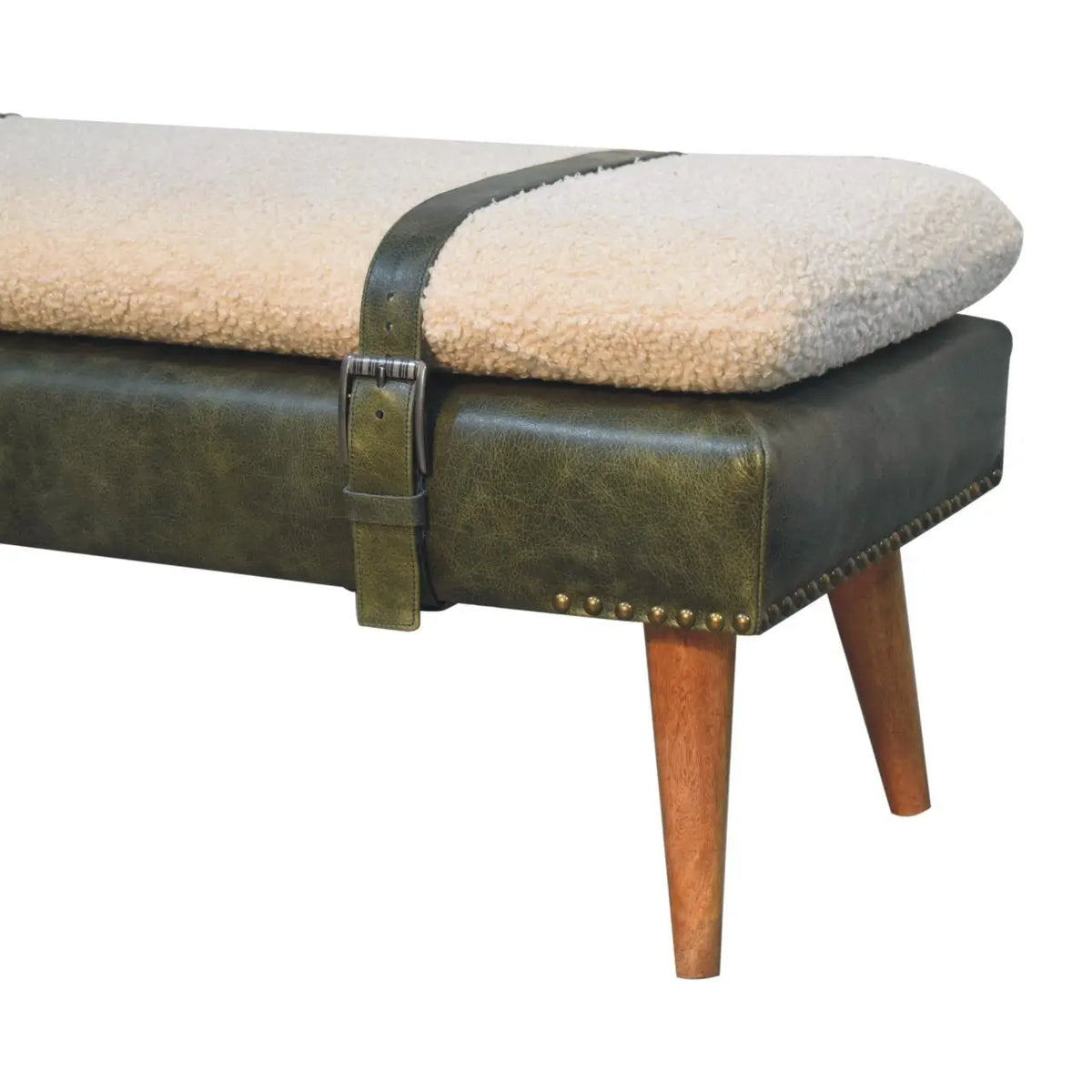 BouclÃ© Buffalo Hide Olive Green Leather Bench