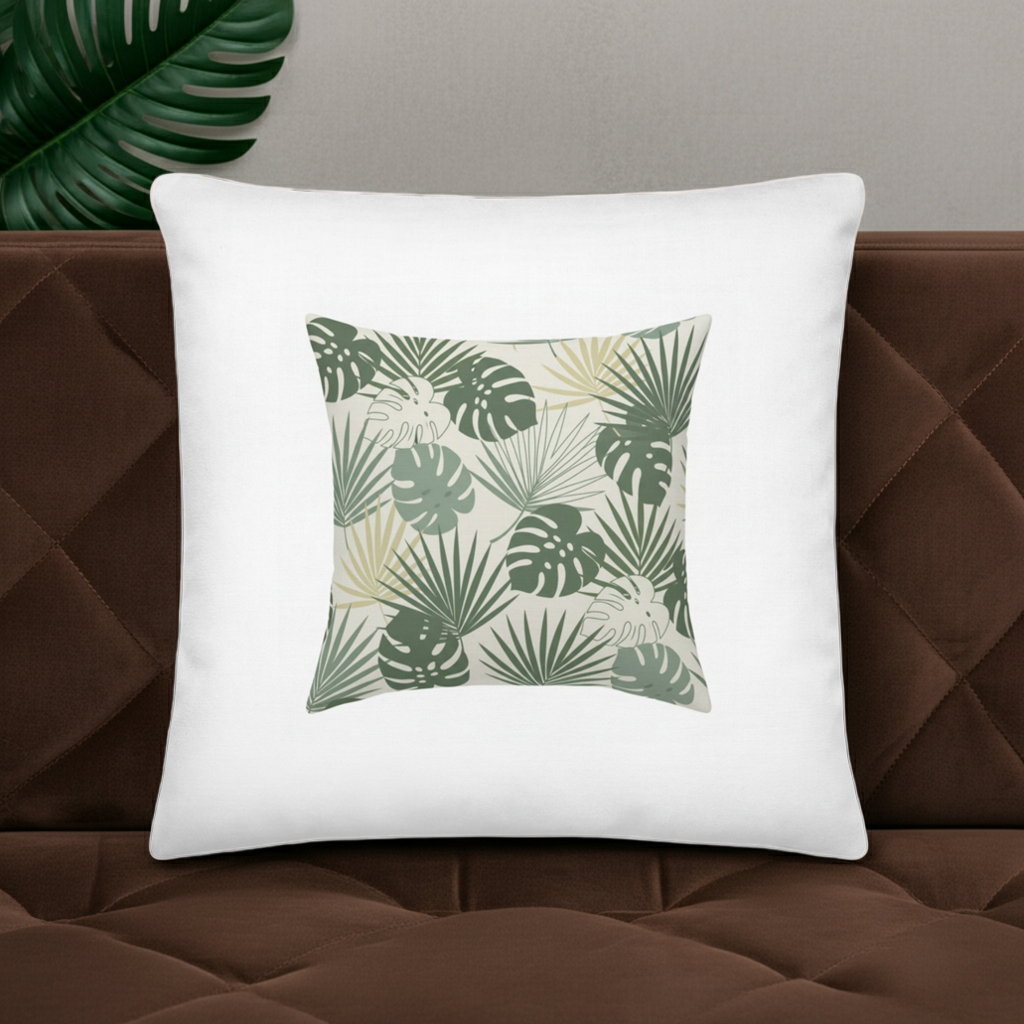 A square white throw pillow with a central printed panel featuring green and beige tropical leaf patterns, resting on a brown tufted sofa with a green leaf in the background.