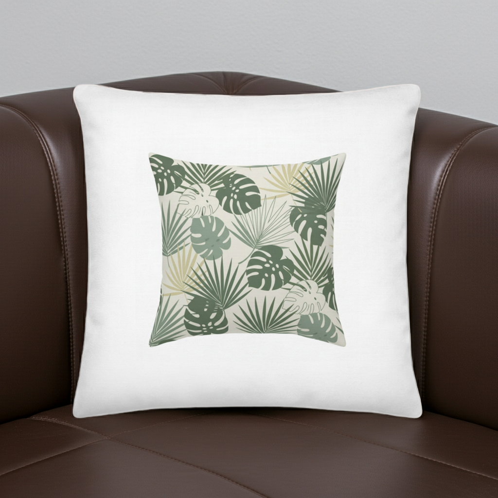 A square white throw pillow with a central green tropical leaf pattern, resting on a brown leather sofa against a light gray wall.