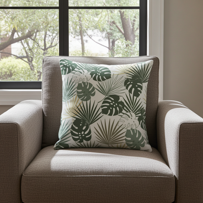 A square throw pillow with a green tropical monstera and palm leaf pattern on a cream background, styled on the seat of a beige armchair in front of a window.