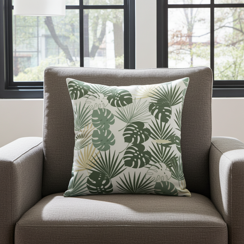 A square throw pillow with a green tropical monstera and palm leaf pattern on a cream background, styled on a gray armchair in front of a window.