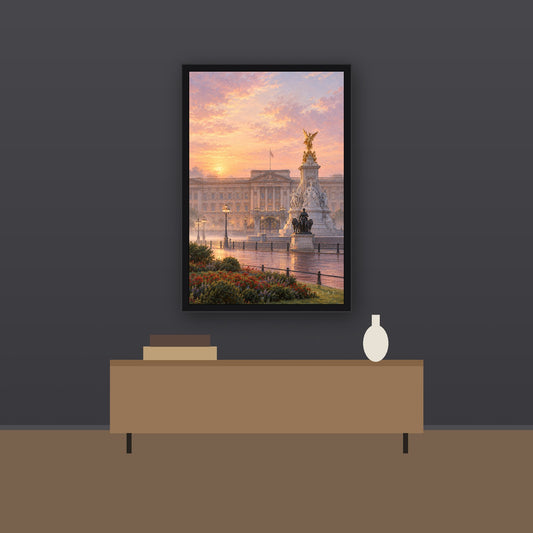 Livvat Buckingham Palace at Dawn framed print on a charcoal wall