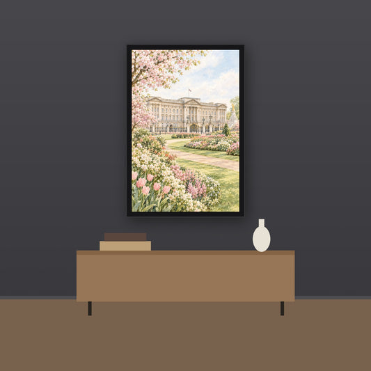 Livvat Buckingham Palace Gardens framed print on a charcoal wall