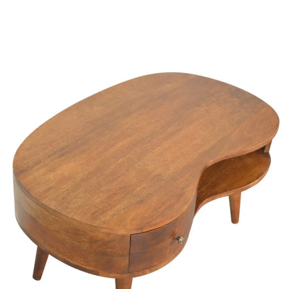 Chestnut Wave Coffee Table Solid Mango Wood Drawer Open Shelf Nordic