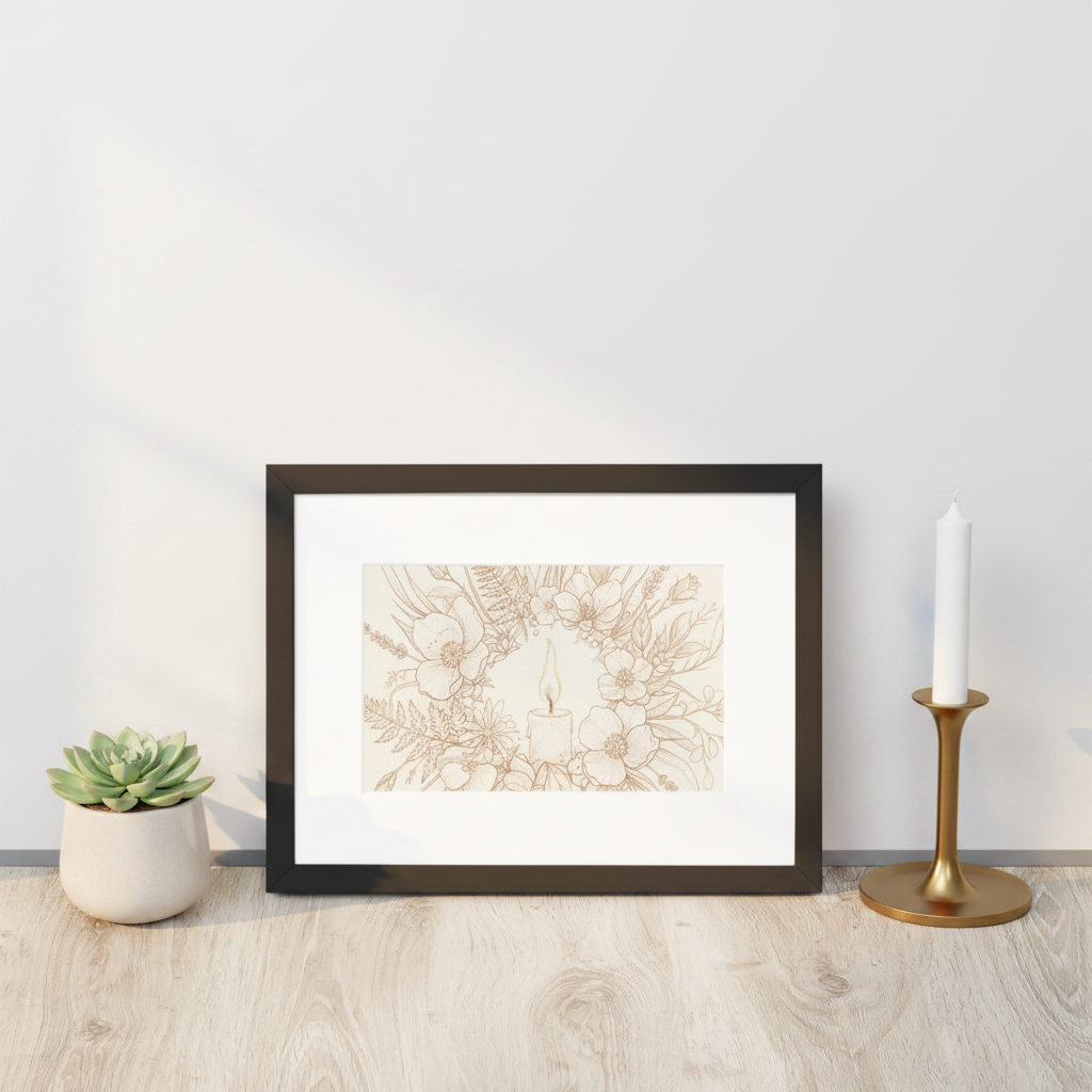 A framed art print with a black frame and white mat, featuring a delicate beige line drawing of a candle surrounded by flowers. The frame is styled on a light wood floor next to a small potted succulent and a gold candlestick holder with a white candle.