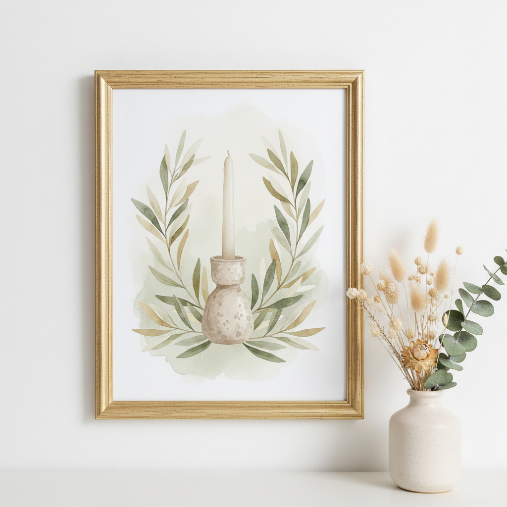 Framed wall art featuring a watercolor illustration of a candle in a speckled holder surrounded by green and beige leaves, displayed on a white surface next to a ceramic vase with dried flowers.