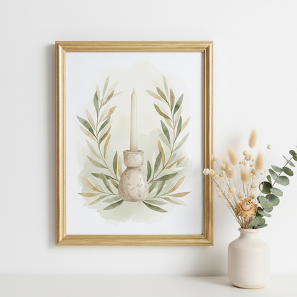 Framed wall art featuring a watercolor illustration of a candle in a speckled holder surrounded by green and beige leaves, displayed on a white surface next to a ceramic vase with dried flowers.