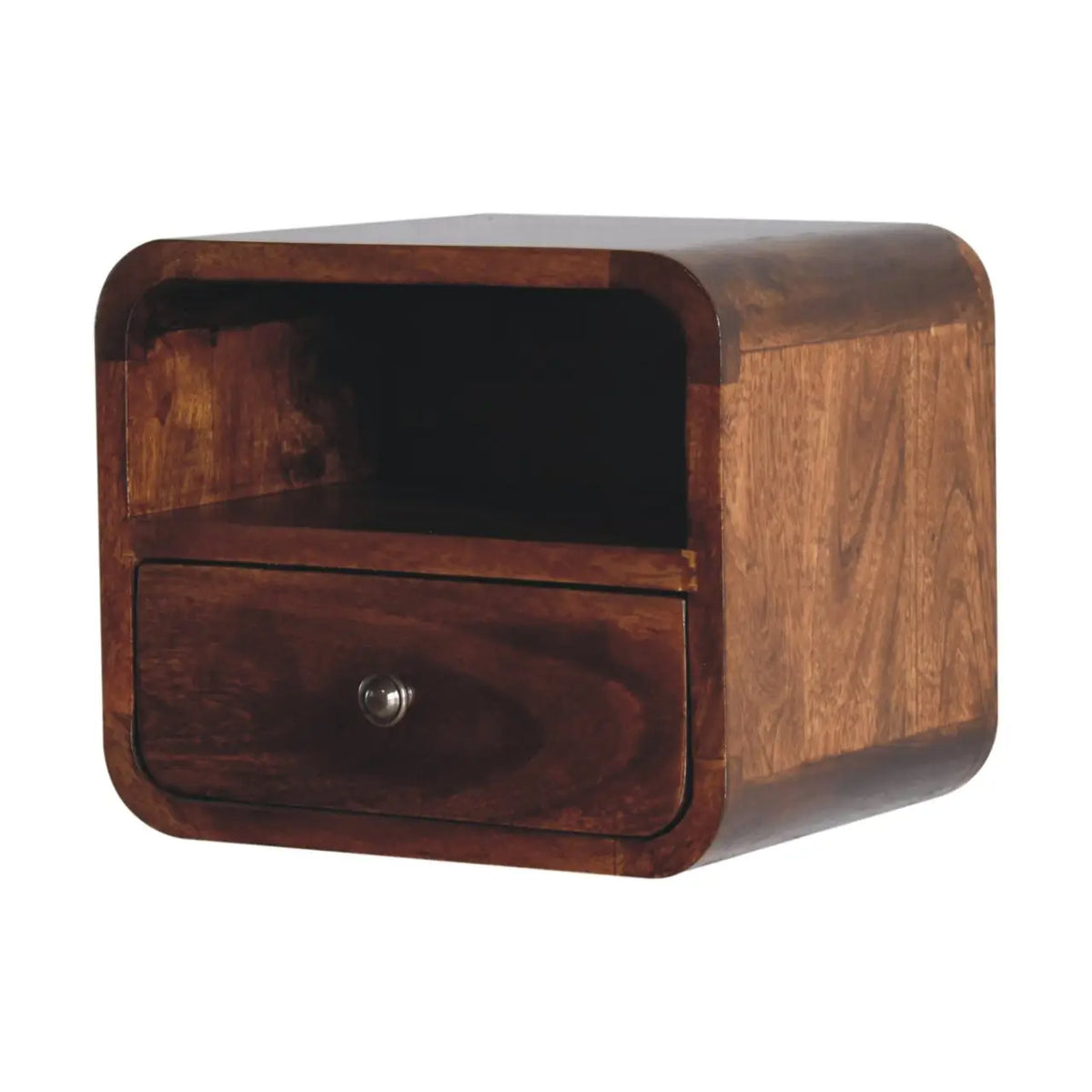 Extra Mini Wall Mounted Curved Chestnut Bedside Table with Open Slot | Nightstand