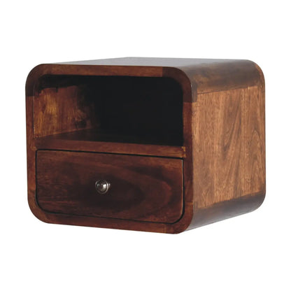Extra Mini Wall Mounted Curved Chestnut Bedside Table with Open Slot | Nightstand