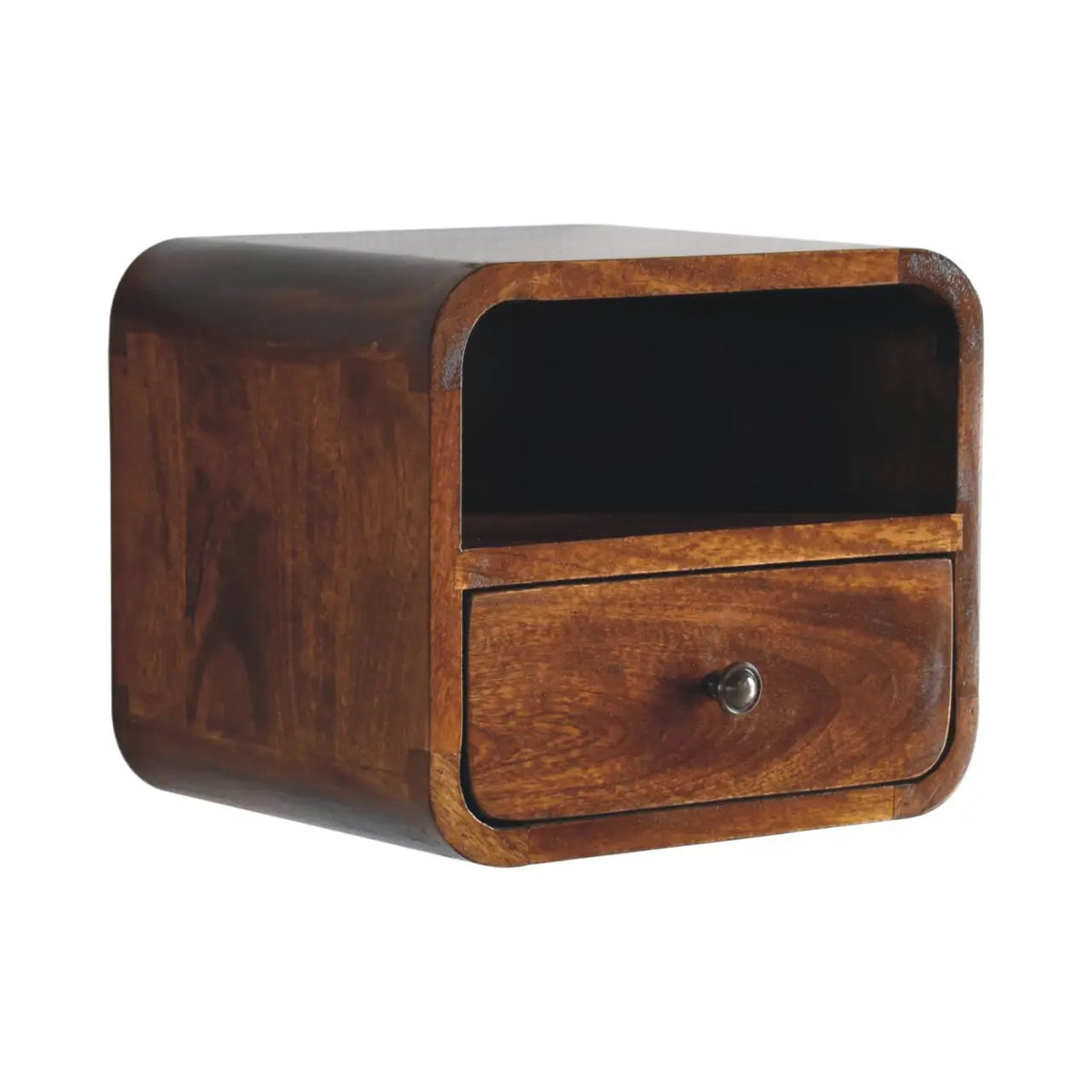 Extra Mini Wall Mounted Curved Chestnut Bedside Table with Open Slot | Nightstand