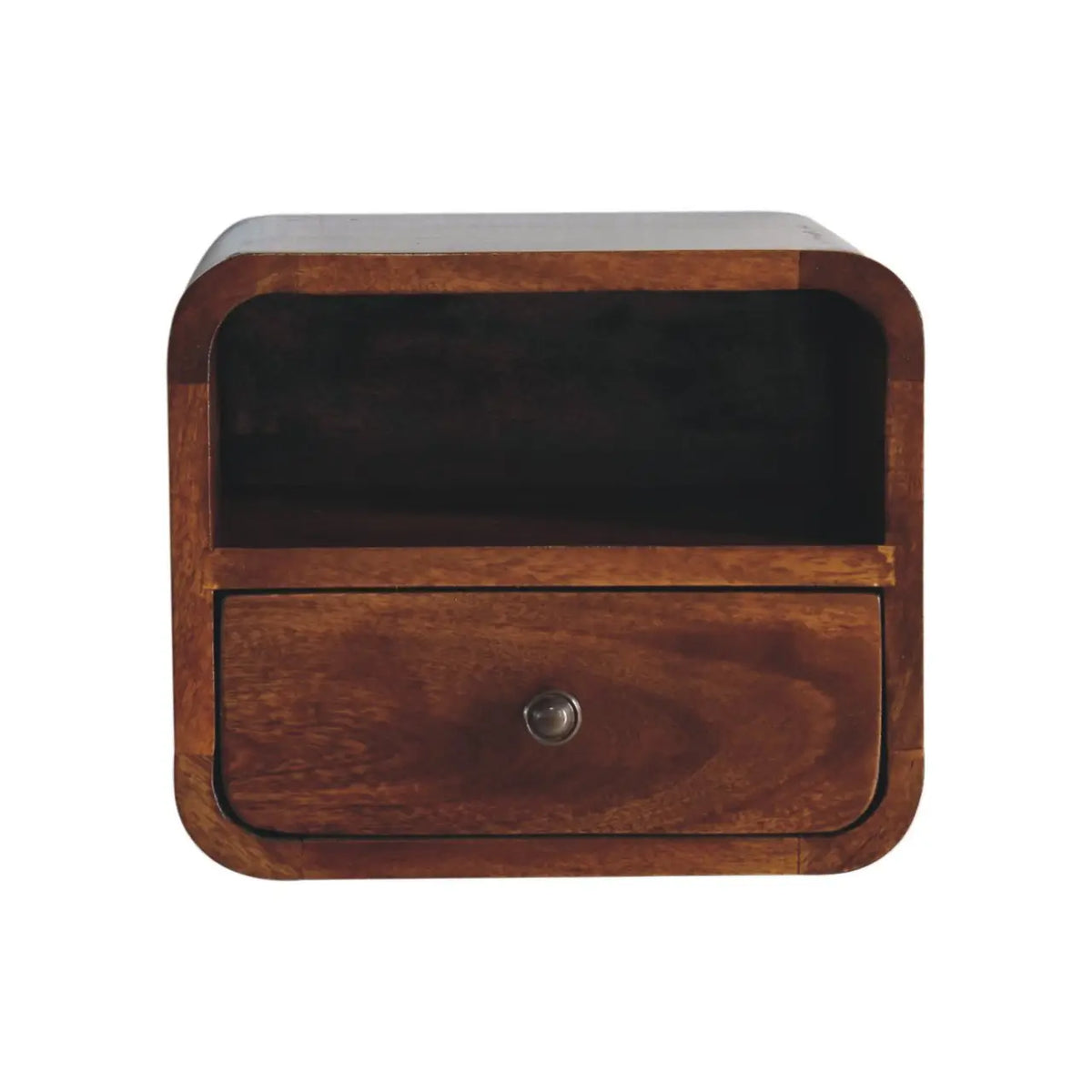 Extra Mini Wall Mounted Curved Chestnut Bedside Table with Open Slot | Nightstand