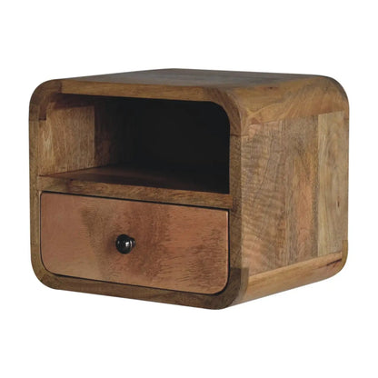 Extra Mini Wall Mounted Curved Oak-ish Bedside Table with Open Slot | Nightstand