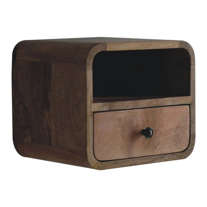 Extra Mini Wall Mounted Curved Oak-ish Bedside Table with Open Slot | Nightstand