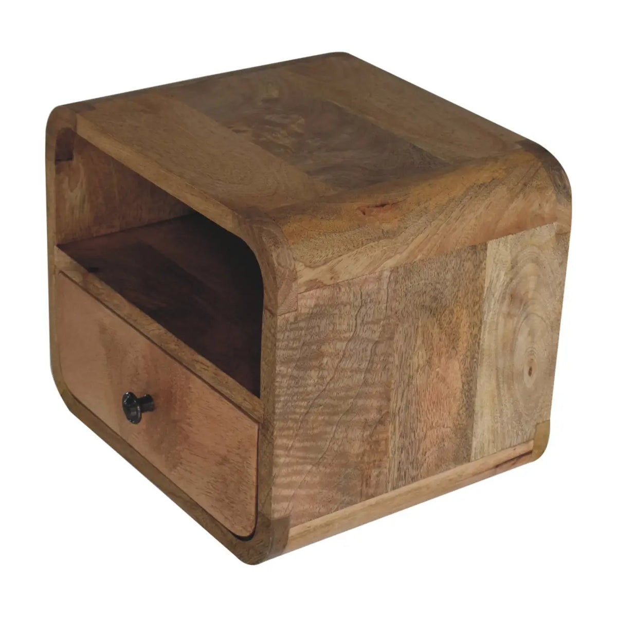 Extra Mini Wall Mounted Curved Oak-ish Bedside Table with Open Slot | Nightstand