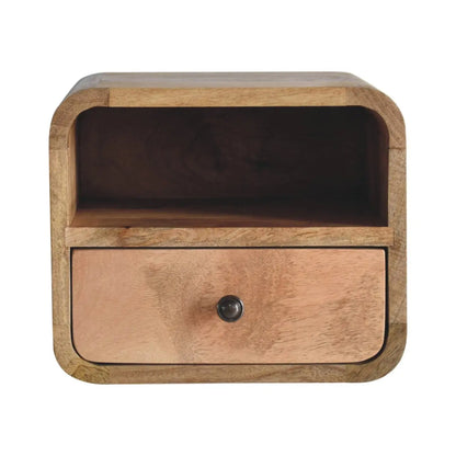 Extra Mini Wall Mounted Curved Oak-ish Bedside Table with Open Slot | Nightstand