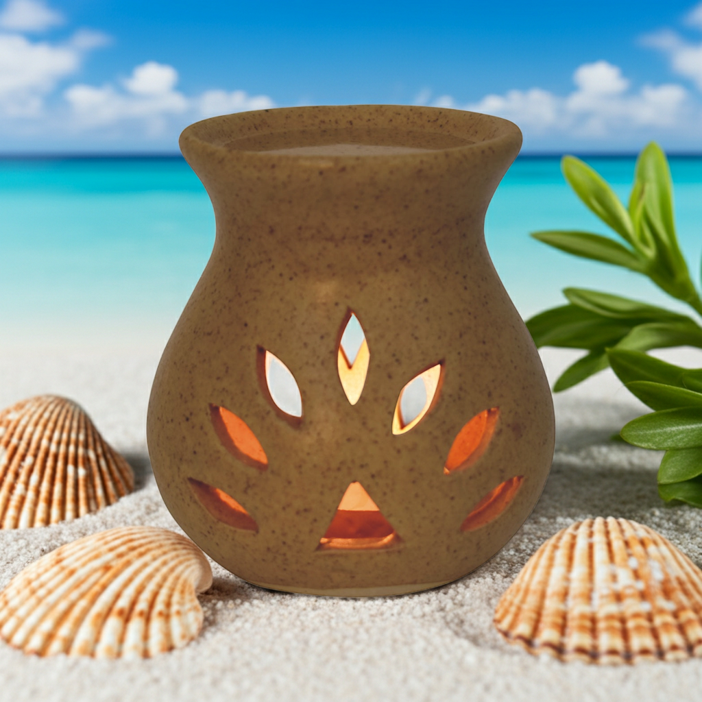 A brown speckled ceramic candle warmer with leaf-shaped cutouts, lit with a warm orange glow, set on white sand with seashells and a tropical beach background.