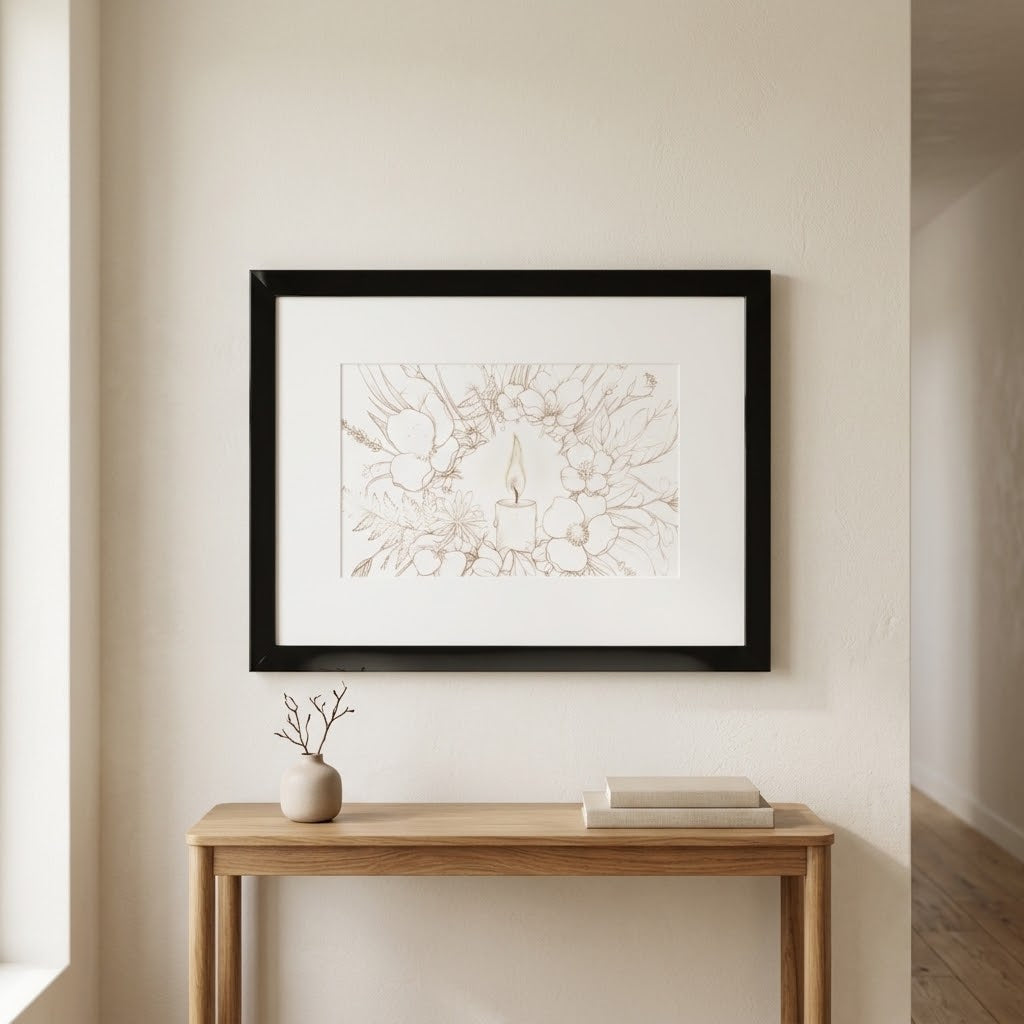 A framed art print featuring a delicate line drawing of a candle surrounded by wildflowers, displayed on a beige wall above a light wood console table with a small vase and books.