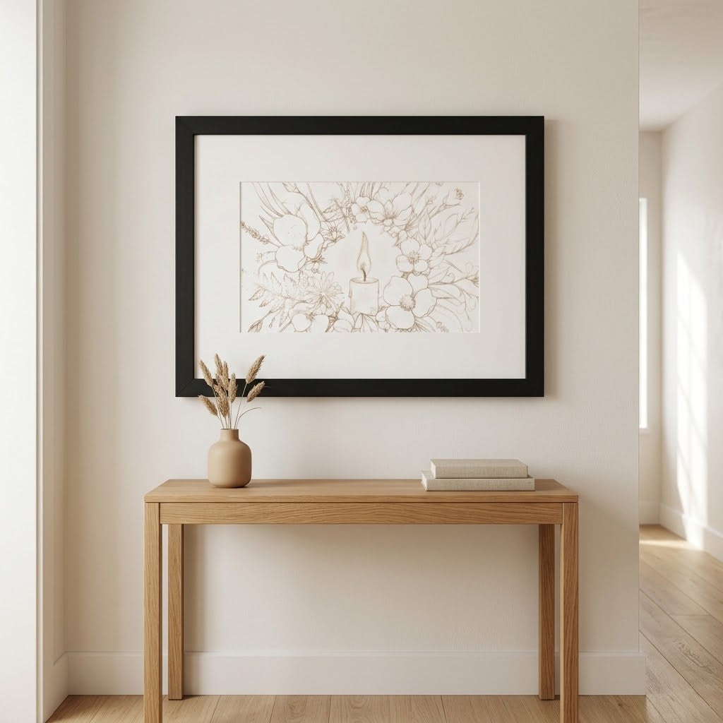 A framed botanical art print with a black frame and white mat, hanging on a beige wall above a light wood console table with a vase and books.