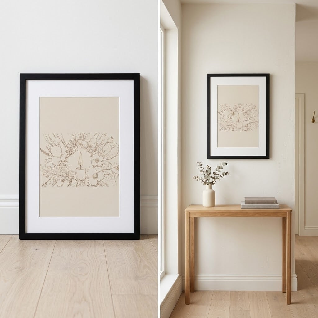 A framed botanical art print with a black frame and white mat is shown leaning against a wall on a light wood floor, and the same framed print is also shown hanging on a beige wall above a small wooden console table with a vase and books.