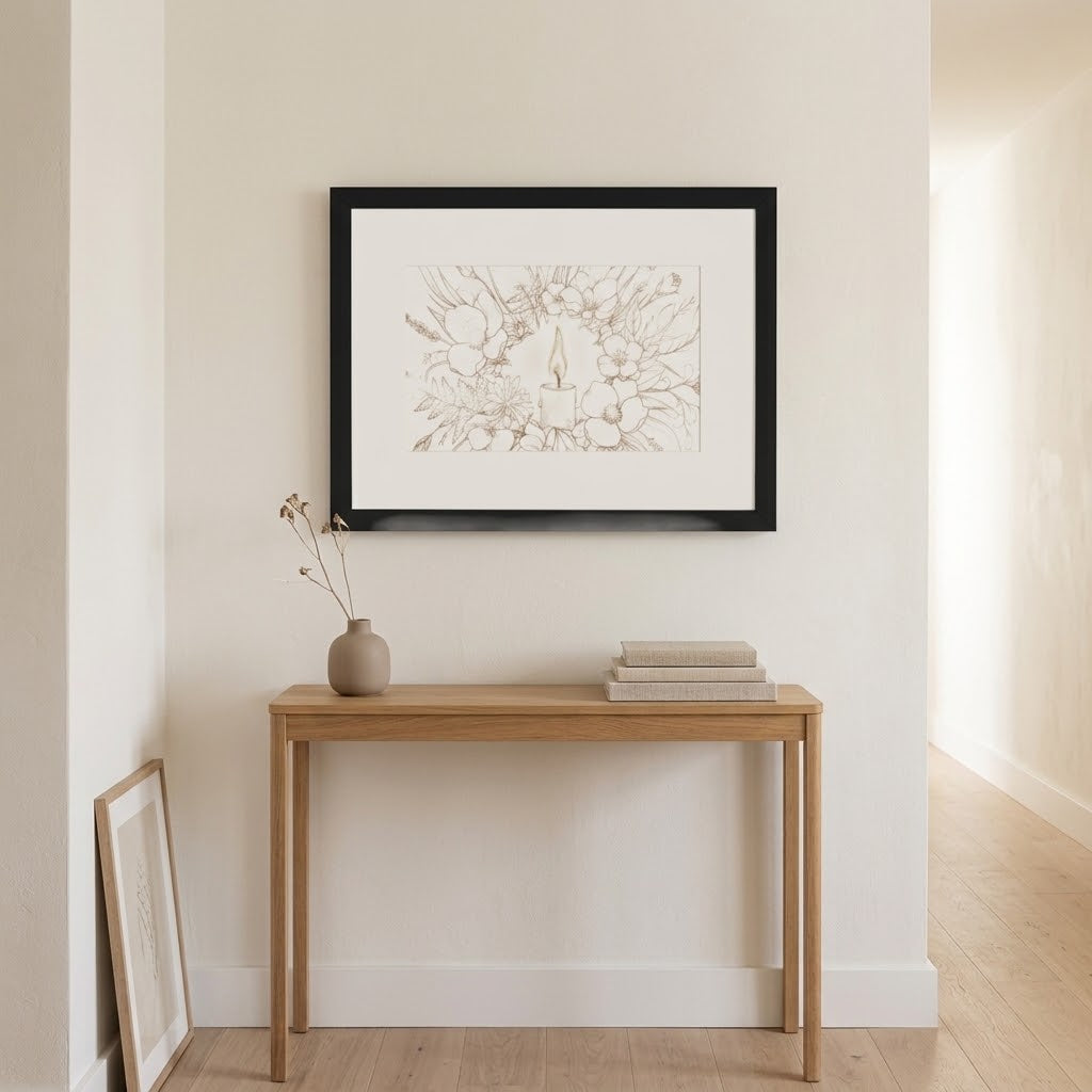 A framed botanical art print with a black frame and white mat hangs on a beige wall above a light wood console table with a vase and books.
