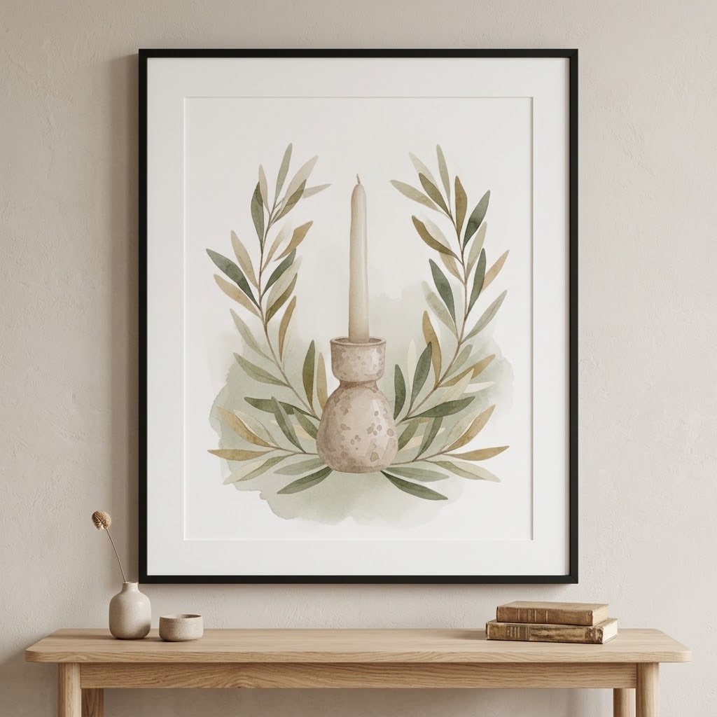 A framed botanical art print featuring a candle in a vase surrounded by olive branches, hanging on a light beige wall above a wooden console table with decorative objects.
