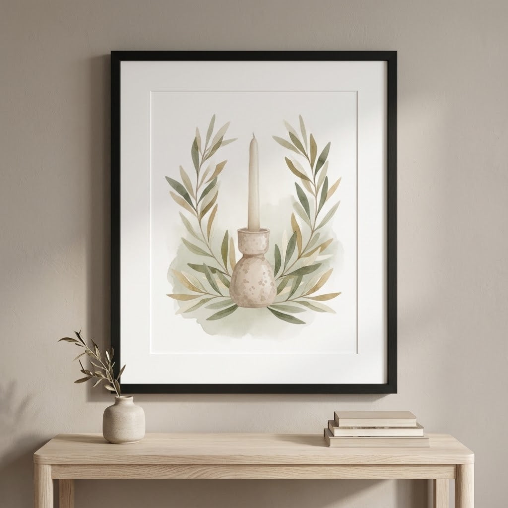 Framed botanical wall art hanging above a light wood console table, showing a candle in a vase surrounded by soft green and beige leaves on a white background.