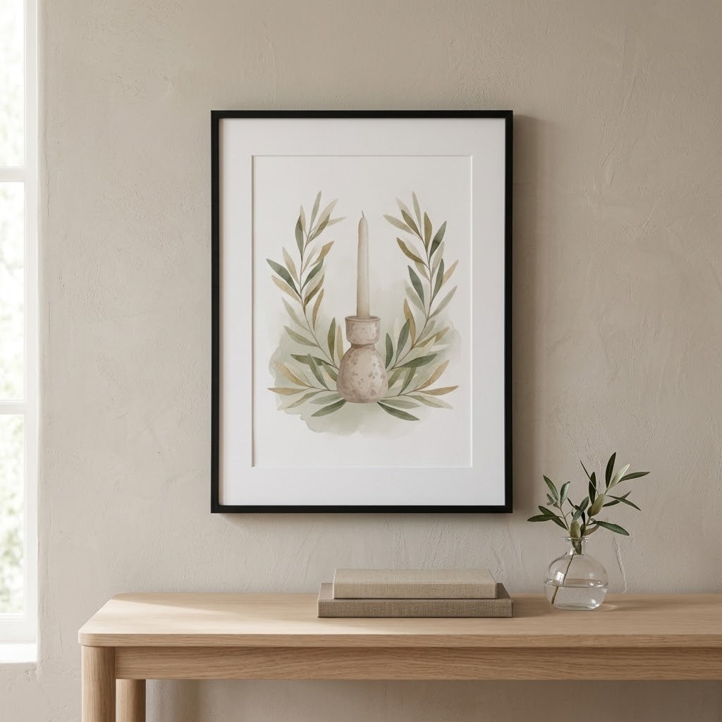 A framed botanical art print featuring a candle in a vase surrounded by olive branches, hanging on a textured beige wall above a light wood console table with books and a small glass vase.