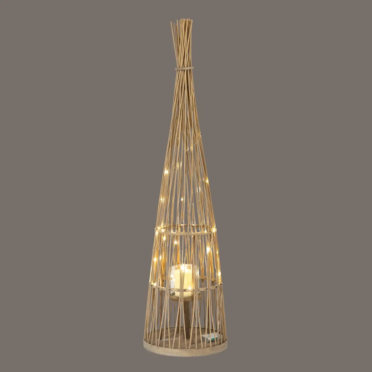 Large Conical Wicker Lantern With Glass Holder & LED Lights