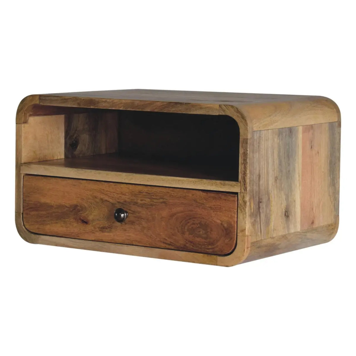 Large Oak-ish Curve Upper Slot Floating Bedside Table | Nightstand