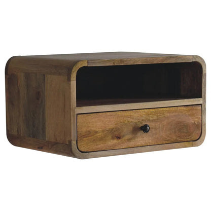 Large Oak-ish Curve Upper Slot Floating Bedside Table | Nightstand