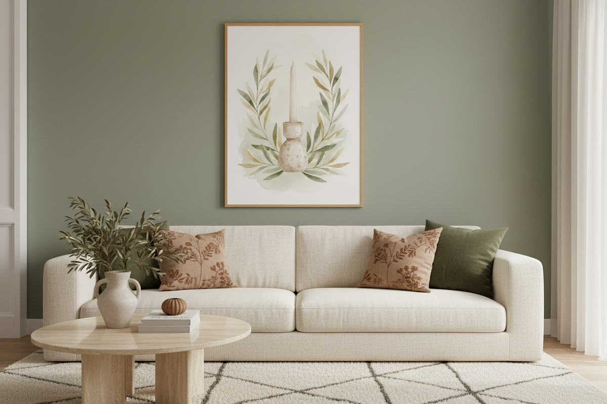 A framed botanical art print featuring a hanging gourd and olive branches, displayed on a sage green wall above a cream-colored sofa with decorative pillows in a styled living room.