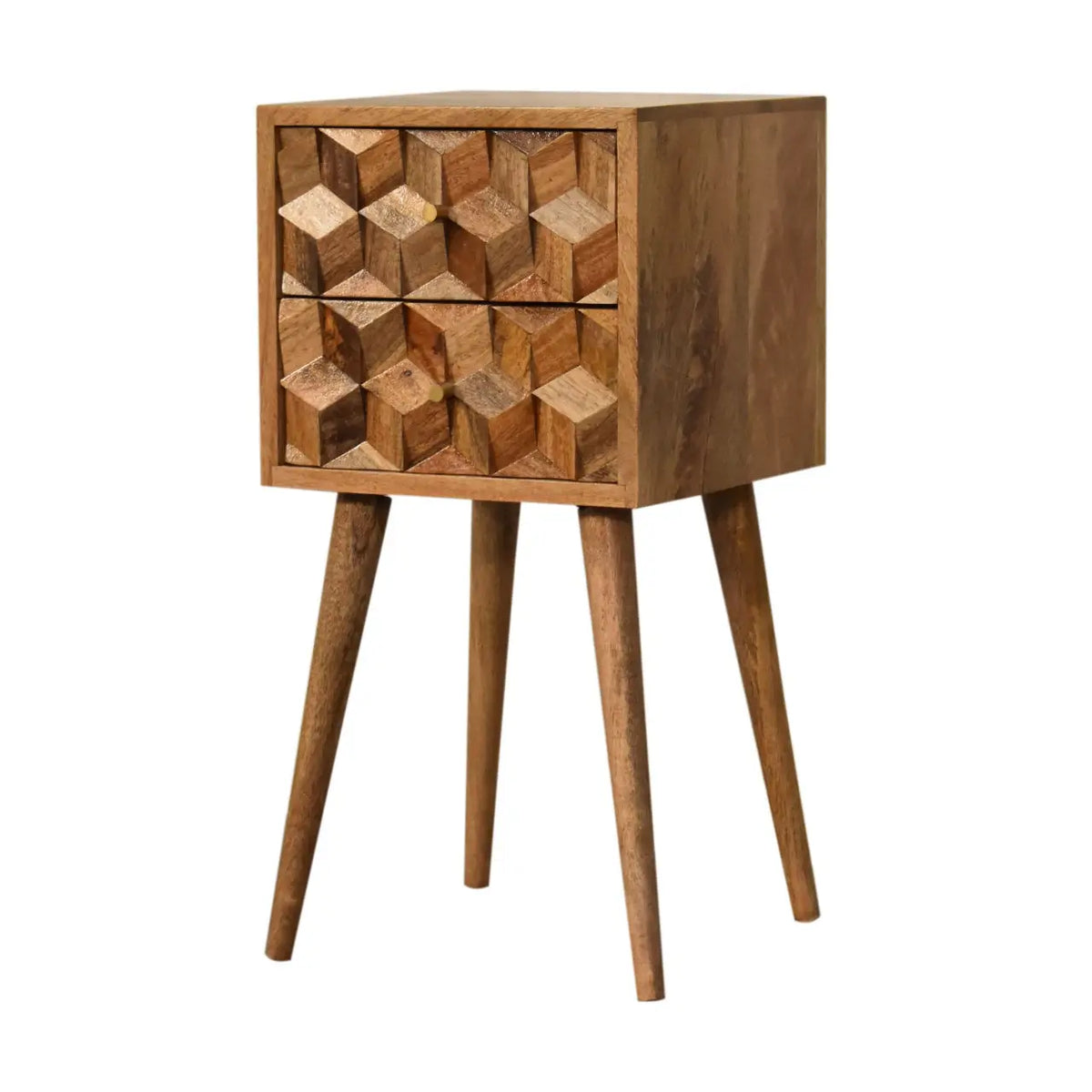 Mini Cube Carved 2 Drawer Bedside Table | Nightstand