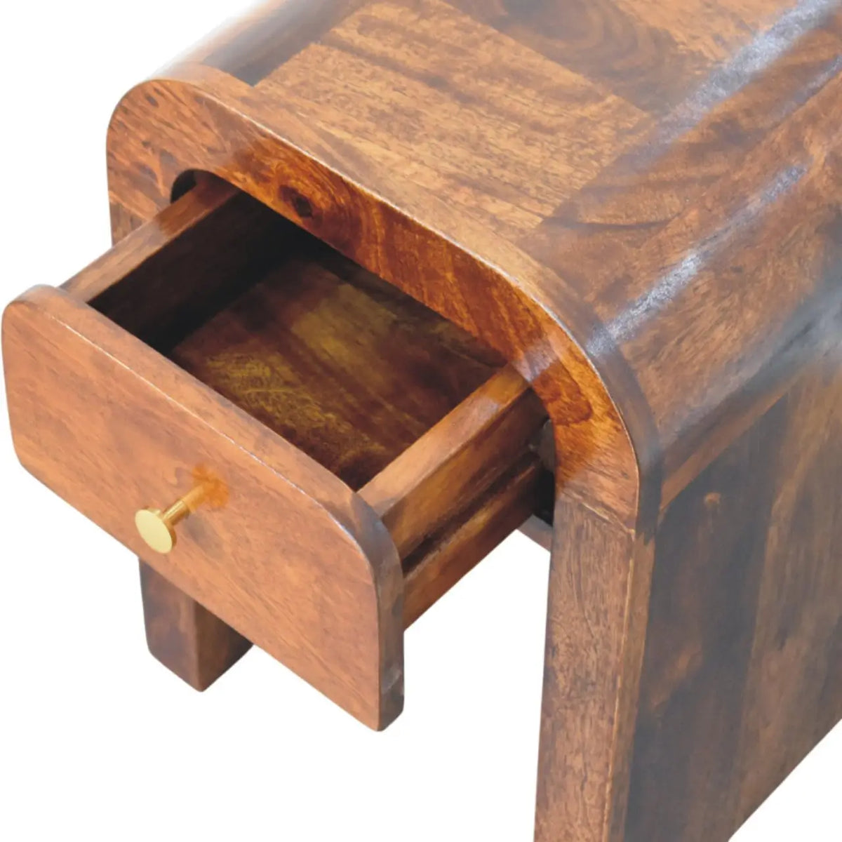 Mini Darcy Chestnut Bedside Table Nightstand Curved Edges Solid Mango Wood