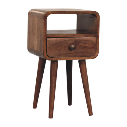 Mini Honey Caramel Curved Bedside Table with Open Slot | Nightstand