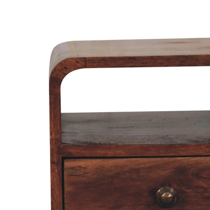 Mini Honey Caramel Curved Bedside Table with Open Slot | Nightstand