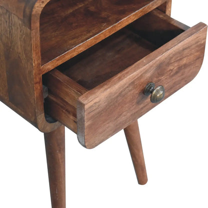 Mini Honey Caramel Curved Bedside Table with Open Slot | Nightstand