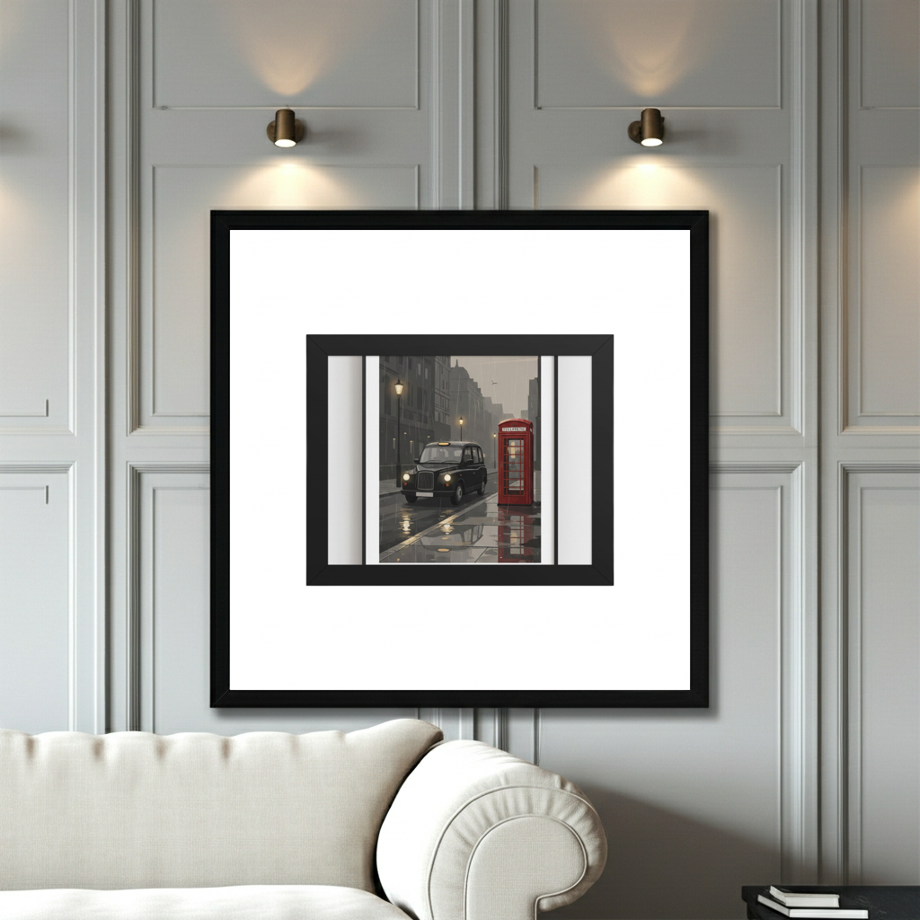 A framed wall art print hangs on a light gray paneled wall above a cream sofa. The print shows a black London cab and a red telephone booth on a wet street in the rain, surrounded by a wide white mat and a black frame.