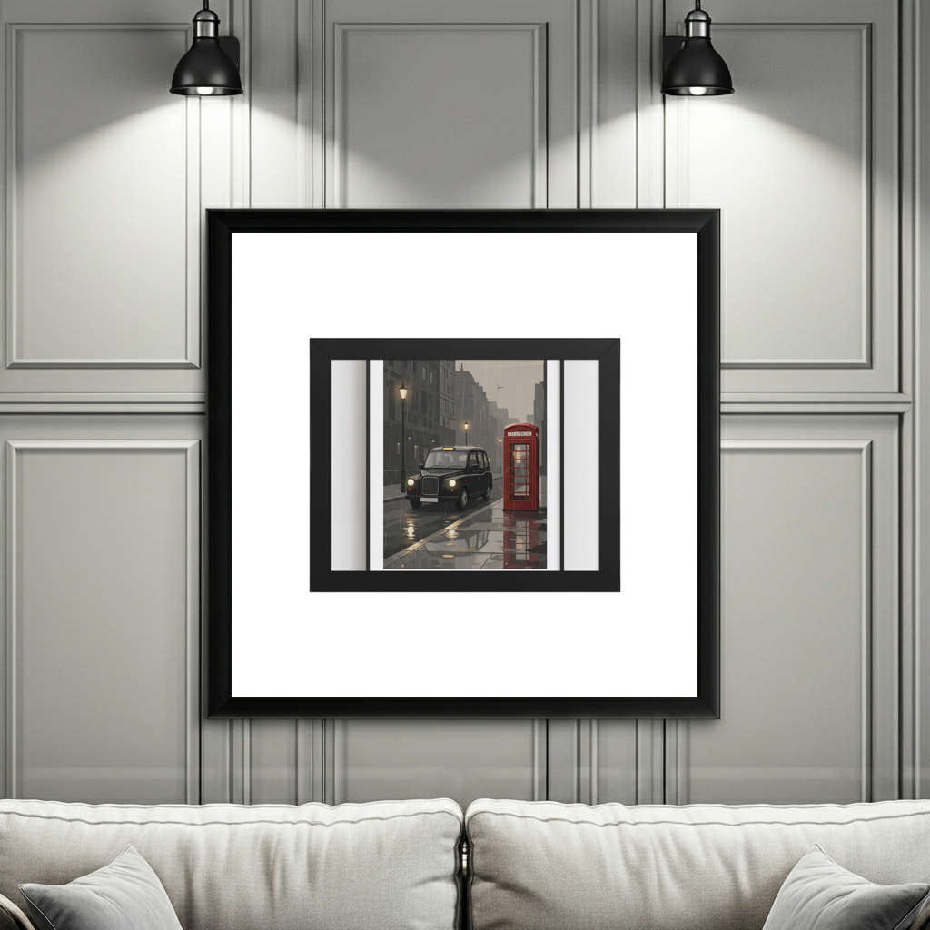 A framed wall art print hangs on a gray paneled wall above a light beige sofa. The print shows a London street scene with a black cab and a red telephone booth, surrounded by a wide white mat and a black frame.