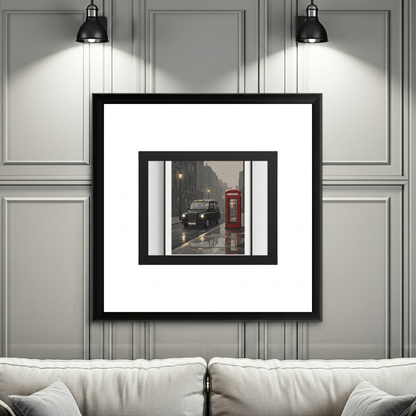 A framed wall art print hangs on a gray paneled wall above a light beige sofa. The print shows a London street scene with a black cab and a red telephone booth, surrounded by a wide white mat and a black frame.
