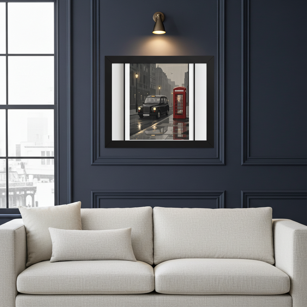 A framed wall art print depicting a London street scene with a black cab and red phone booth, displayed above a light beige sofa in a dark navy blue room with molding and a wall sconce.