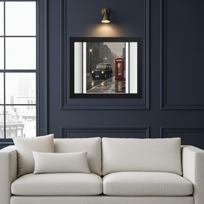 A framed wall art print depicting a London street scene with a black cab and red phone booth, displayed above a light beige sofa in a dark navy blue room with molding and a wall sconce.