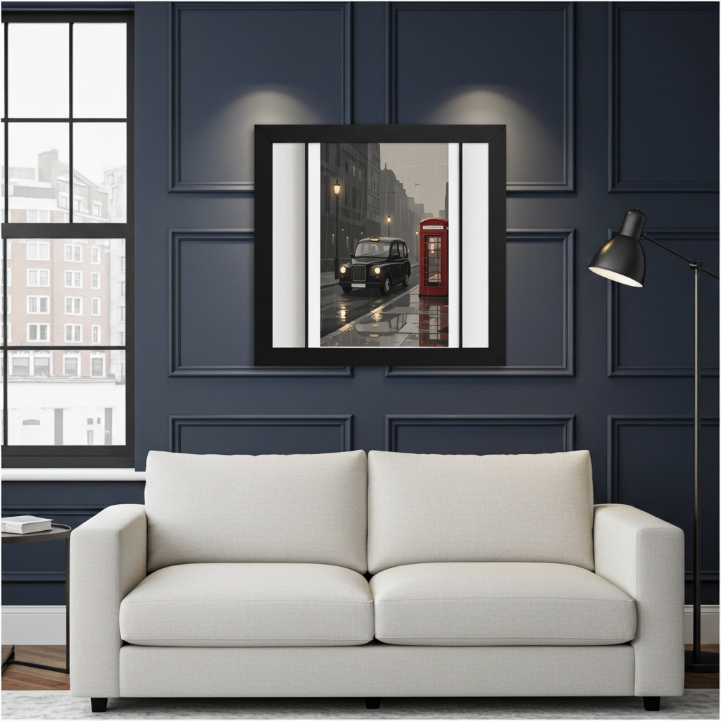 A framed wall art print depicting a London street scene with a black cab and red phone booth, displayed above a light beige sofa in a modern room with dark navy paneled walls.