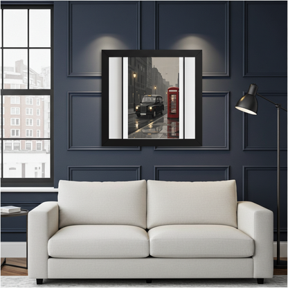A framed wall art print depicting a London street scene with a black cab and red phone booth, displayed above a light beige sofa in a modern room with dark navy paneled walls.