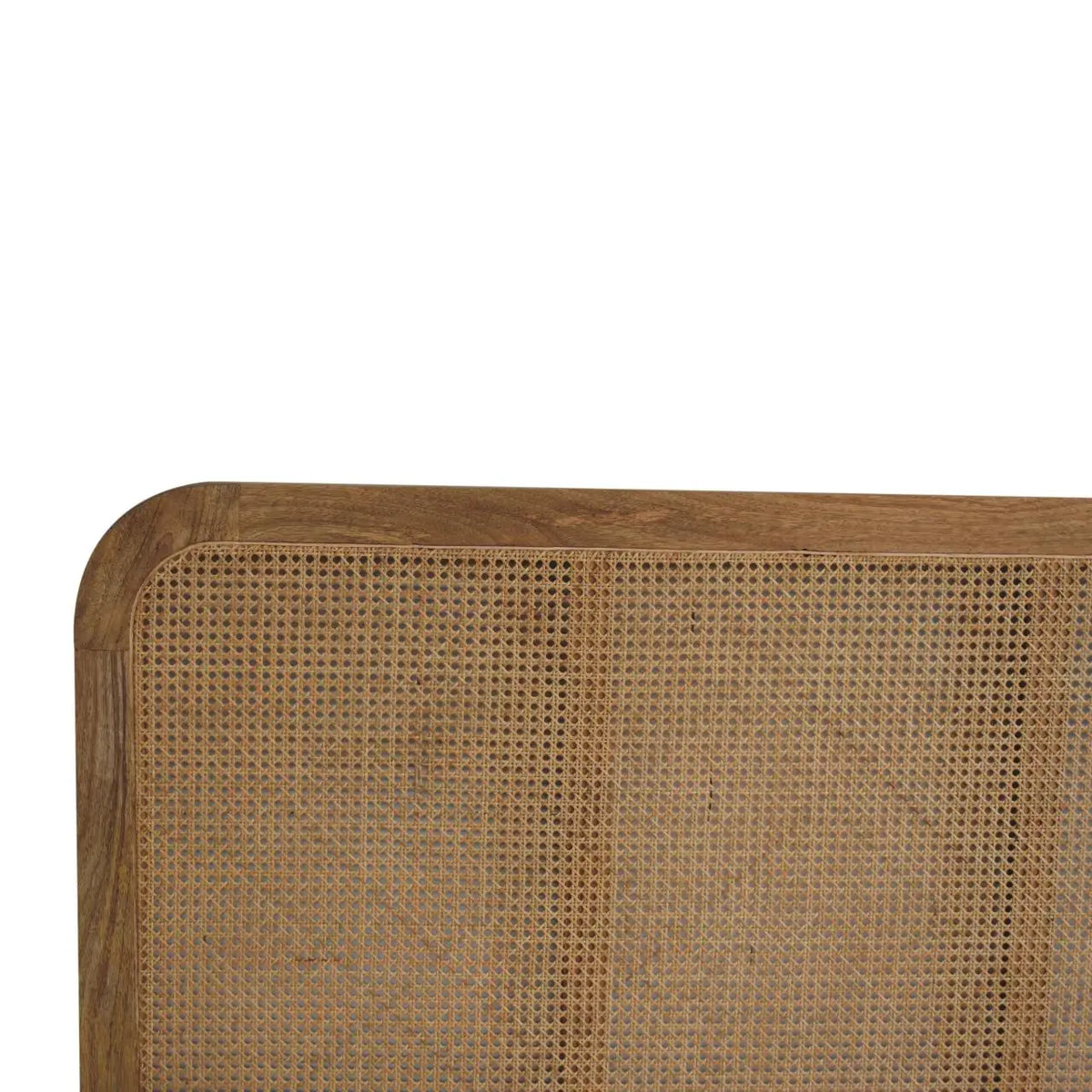 Rattan Bed footboard and side rail detail in warm oak-tone mango wood