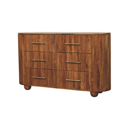 Ridgefront 6 Drawer Chest of Drawers Solid Mango Wood Amber Oak Ribbed